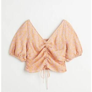 H&M Orange Pink Floral V-Neck Drawstring Blouse Ruched Smocked Top Size Large